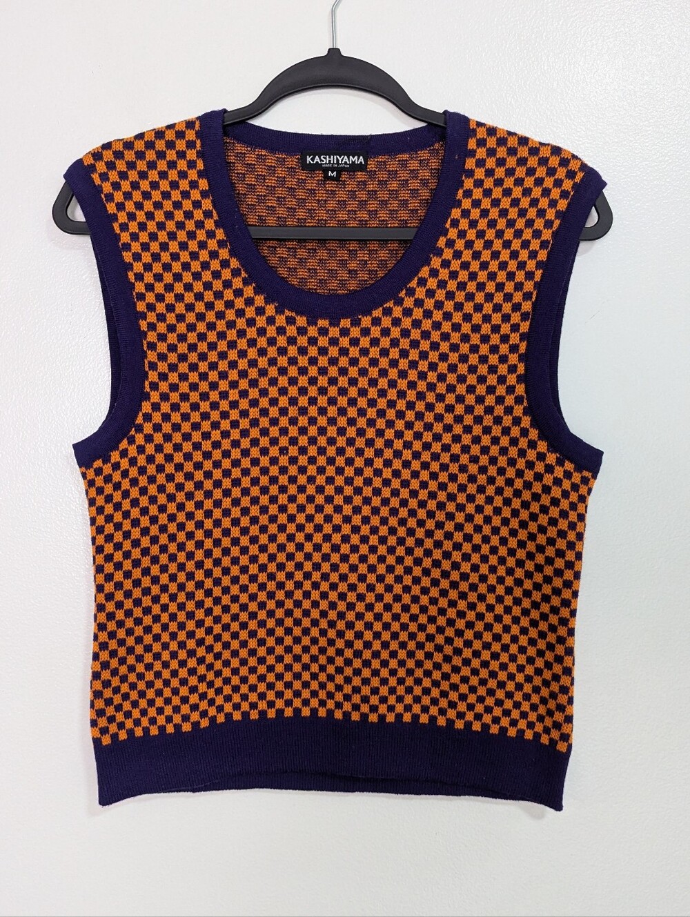 Kashiyama 90s Vintage Made in Japan Orange Navy Checker Wool Blend Sweater Vest